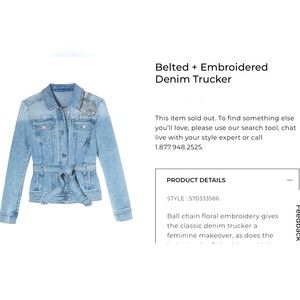 WHBM Denim Embroidered Trucker Belted Jacket NWT